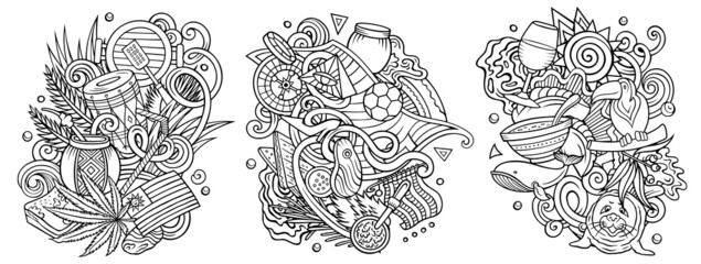 Uruguay cartoon vector doodle designs set.