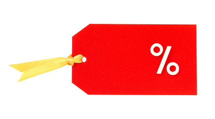 percent on a red tag with a gold ribbon. horizontal orientation. big tag small percentage