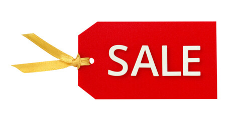 sale. red tag with white lettering and gold ribbon. horizontal orientation