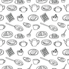 Breakfast seamless pattern vector illustration, hand drawing doodles