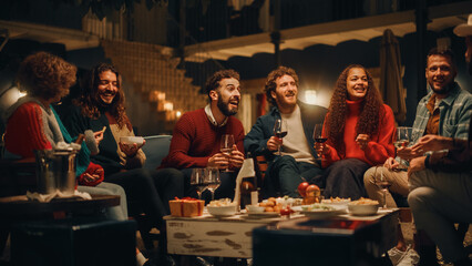 Big Dinner Garden Party Celebration with Friends on a Warm Summer Evening. Beautiful People Enjoy Life on a Terrace, Talk, Relax on Weekend, Have Fun, Drink Wine, Give Toasts and Eat Homemade Food.