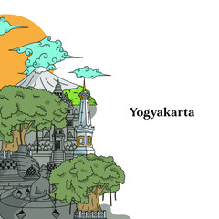 Illustration of Yogyakarta landmark. Hand drawn Indonesian illustration. Borobudur temple, Prambanan temple, Tugu Jogja. - obrazy, fototapety, plakaty