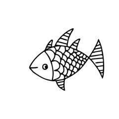 Gold fish. In cartoon style. Funny fish in the underwater world. Sketch of adult or child anti-stress coloring, line drawing, logo for tattoo with doodle
