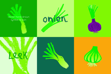 Vector bulb onion icon. Pencil hand-drawn texture. Green bulb leek illustration isolated. Vegan restaurant logo, vegetarian symbol. Homemade cooking sign. Vegetable drawing for label or packaging.