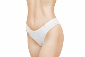 Slim tanned woman's body. Isolated over white background. Female body wearing white underwear on white.
