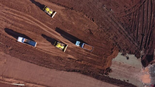 Industrial Soil Moving, Heavy Plant Equipment, Aerial Overhead, Bird's-Eye-View, Construction, High-Speed Rail Two, HS2, Warwickshire UK Groundwork