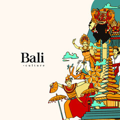 Set balinese Illustration. Hand drawn Indonesian cultures background - obrazy, fototapety, plakaty