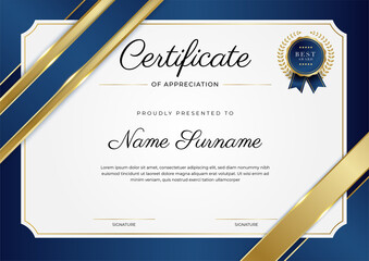 Modern blue certificate template and border, for award, diploma, honor, achievement, graduation and printing