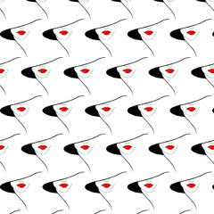 Pattern. Silhouettes of a girl in a hat with red lips on a white background