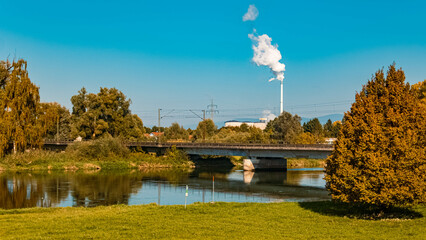 Beautiful autumn or indian summer view with reflections near Plattling, Isar, Bavaria, Germany