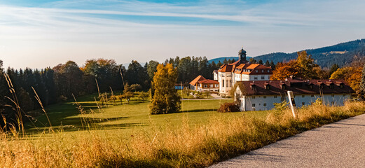 Fototapeta premium Beautiful autumn or indian summer view near Kostenz, Bavarian forest, Bavaria, Germany