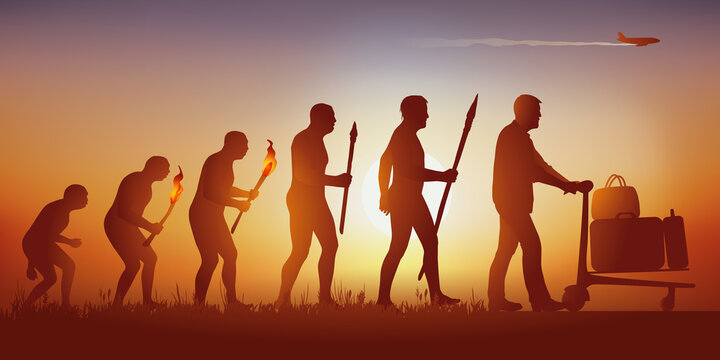 Concept de l’évolution de l’humanité et de son envie de voyager, avec un homme poussant un chariot de valises après avoir évolué selon la théorie de Darwin.