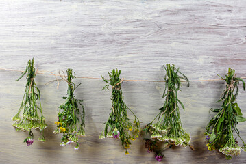 Bundles of flavoured herbs drying on the open air. Nature background.