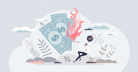 Burn rate and new company negative financial cash flow tiny person concept. Percentage calculation of spending venture capital to finance overhead vector illustration. Money loss and cash reduction.