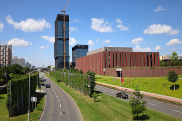 View to Walentego Rozdzienskiego Alley on the height of the footbridge. Cityscape, KTW office buildings and Katowice Cultural Zone on the right. Horizontal image. Silesia, Poland © Iuliia Dynnyk