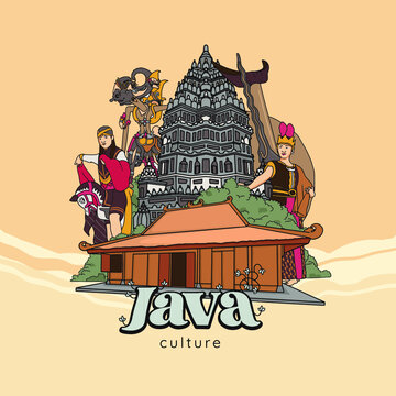 Set Javanese Illustration. Hand drawn Indonesian cultures background