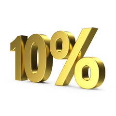 Golden 10 percent symbol. Golden ten percent on a white background. 3D percentage sign. Discount symbol. 3D render illustration.
