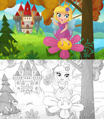 cartoon scene with nature forest princess and castle