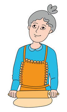 
Vector image of a grandmother with a rolling pin and dough. Granny illustration isolated on white background. Grandma is cooking.