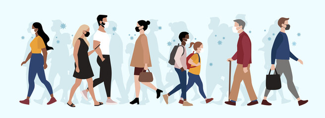 Vector illustration of people walking in public space wearing face mask, coronavirus outbreak, safety measures - obrazy, fototapety, plakaty
