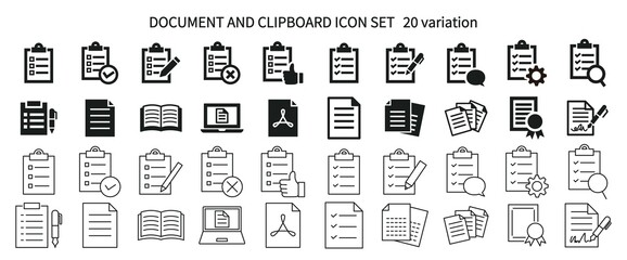 Document and clipboard icon set - obrazy, fototapety, plakaty