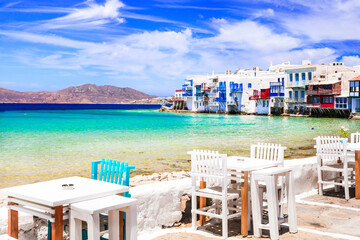 Greece travel. Luxury island Mykonos. restaurants by the sea in  