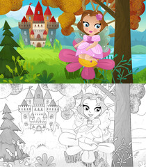 cartoon scene with nature forest princess and castle