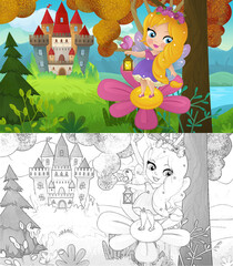 cartoon scene with nature forest princess and castle