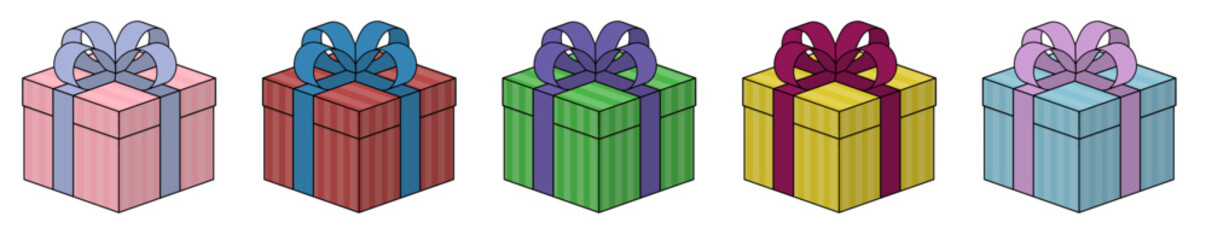 Set of cartoon style gift boxes with color ribbons. Birthday or anniversary presents. Vector illustration isolated on white background. 