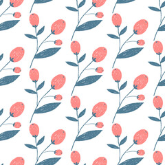 Vector flat flowers, leaves and berries seamless pattern.