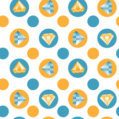 Retro pattern of circles and diamonds in yellow and blue on a white background.