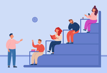 Teacher questioning students at university lecture. Male and female people sitting at desk at school or college, listening, learning, studying flat vector illustration. Education, classroom concept