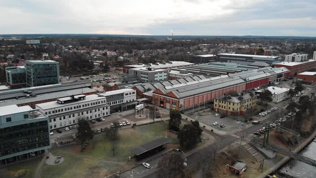 Aerial panorama view Saab Car Museum and Innovatum Science Center building in Trollhattan