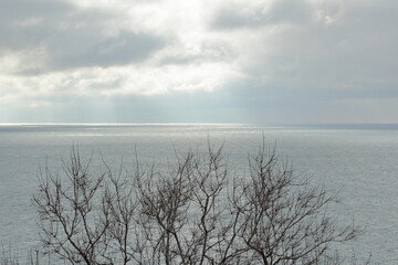 landscape horizon over the sea at full calm light through the clouds
