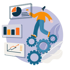 Business illustration, office workers study infographics, analyze evolutionary scale, business negotiations. Vector illustration in flat style