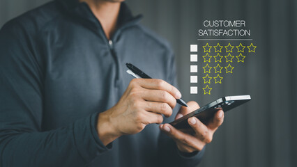 Customer Experience dissatisfied Concept, happy Businessman Client a pen on screen, Good review,...