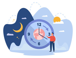Tiny man standing next to huge clock with planet on it. Alternation or change of day and night, evening and morning routine, sleep cycle flat vector illustration. Circadian rhythm, time concept - obrazy, fototapety, plakaty