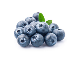 Ripe blueberries with leaves on white backgrounds.