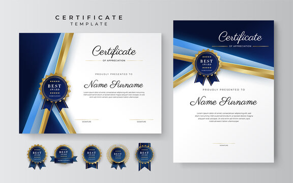 Modern blue certificate template and border, for award, diploma, honor, achievement, graduation and printing