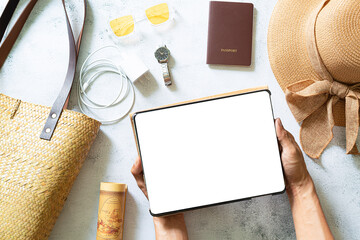 Travel and tourism equipment,Straw hat, map, plane, sunglasses and magnifying glass on pastel...