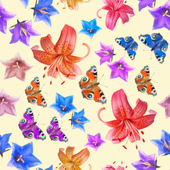 Seamless summer pattern of colorful butterflies and flowers isolated on a beige square background