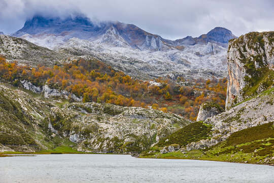 Mountain landscape in Asturias. Lagos Covadonga. Picos de Europa. Spain