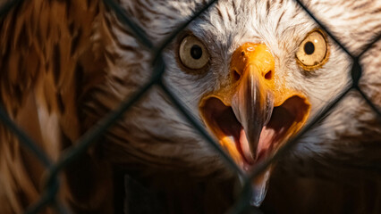 Milvus milvus - red kite, close-up portrait looking agressively into the camera with beak wide open