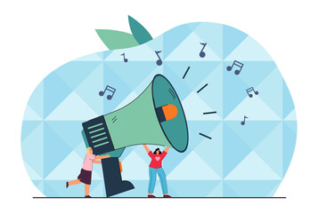 Tiny girls with huge loud speaker flat vector illustration. People calling for feedback or asking for attention. Public opinion, communication concept for banner, website design or landing web page