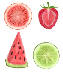 Watercolor Hand Painted collection of fruits. Juicy and colorful fruit on white background including watermelon strawberry lime grapefruit.