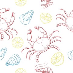 Sea food seamless pattern engraving crab