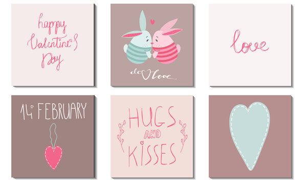 Fototapeta Set of Valentine's Day cards with kissing cute bunnies and phrases about love