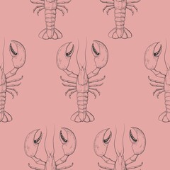 Sea food seamless pattern engraving lobster - 484680118