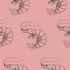 Sea food seamless pattern engraving shrimp