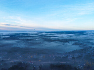 Sky morning forest in fog drone pictures